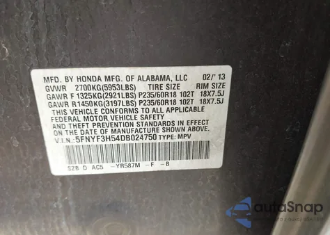 2013 Honda Pilot Ex-L from USA, damaged, VIN 5FNYF3H54DB024750